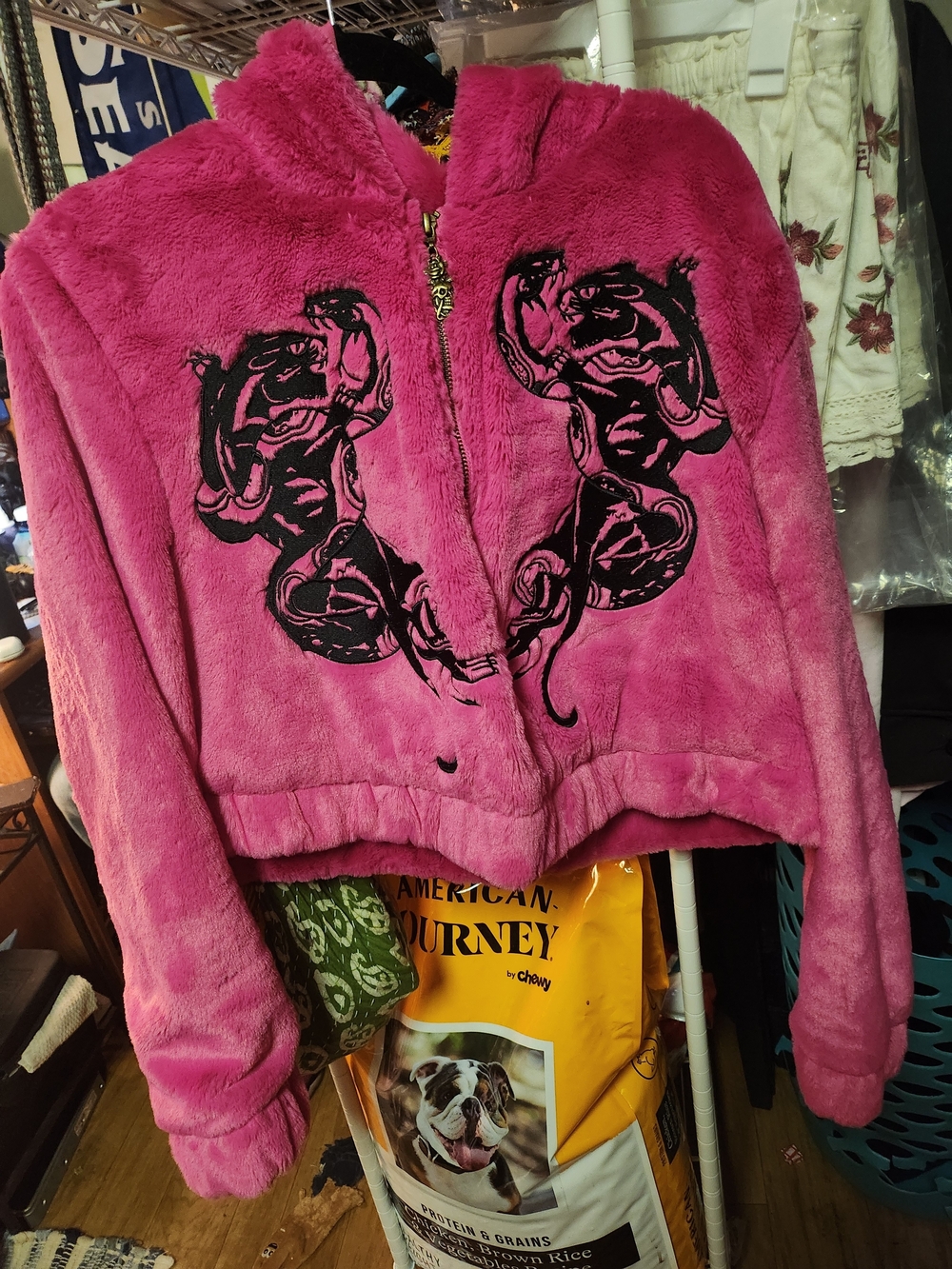 Ed Hardy Hot Pink Plush Hoodie with Black Snake Motif